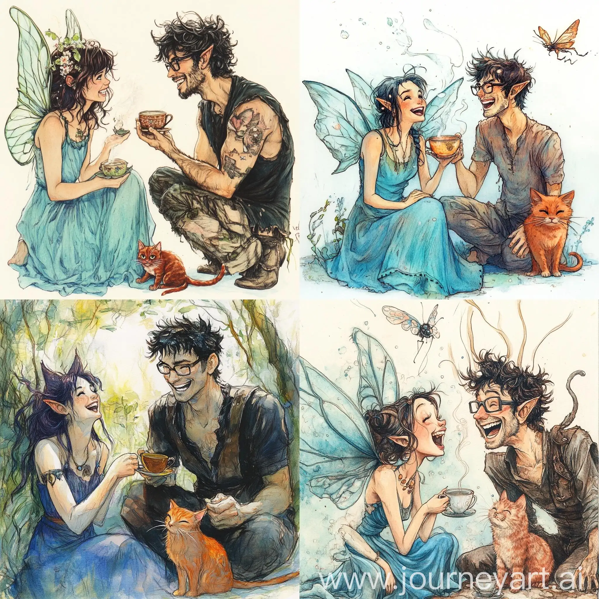 Fairy-and-Druid-Enjoying-Tea-with-Red-Cat-in-Color-Pencil-and-Watercolor-Illustration