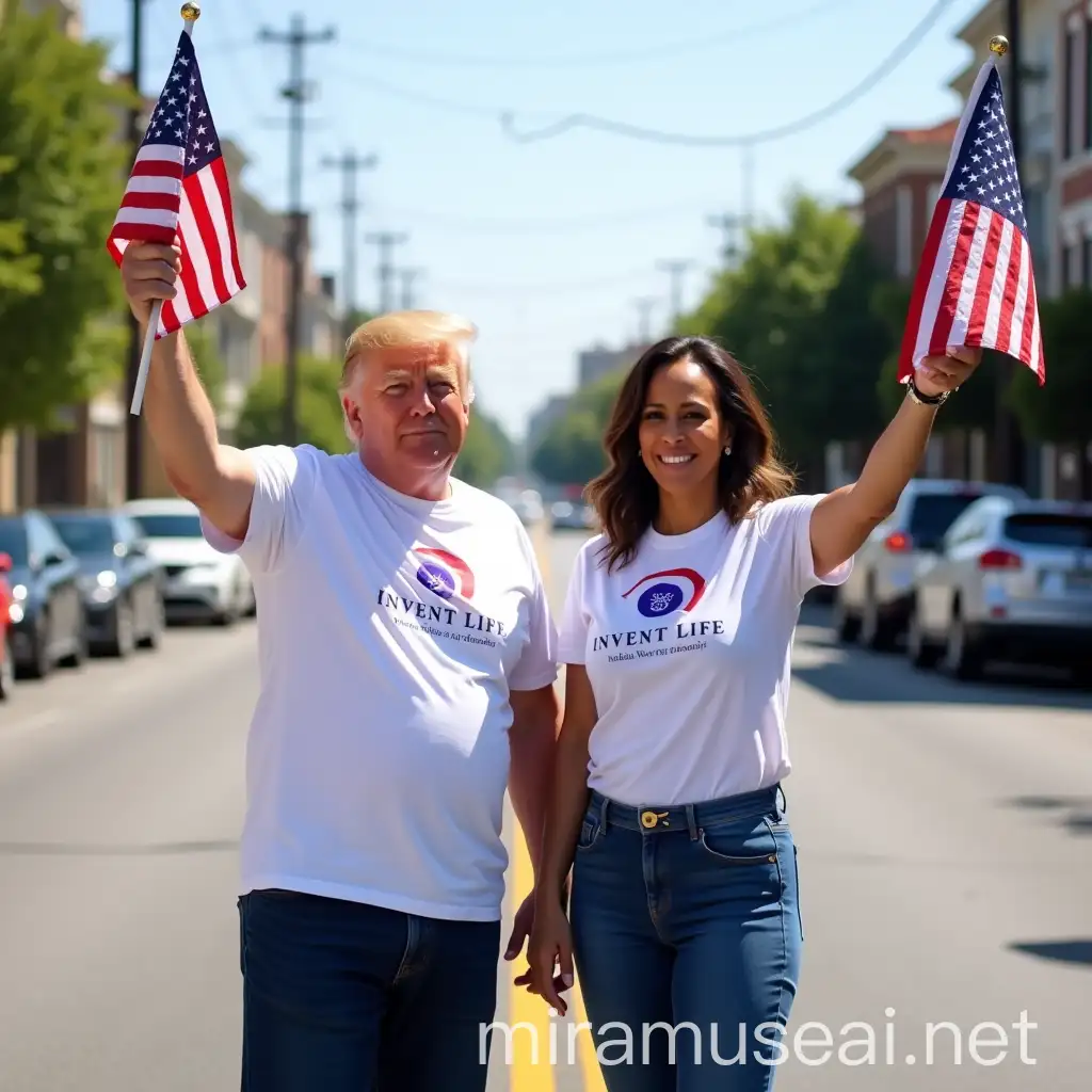 Donald John Trump and Kamala Harris Holding Flags on Sunny Day