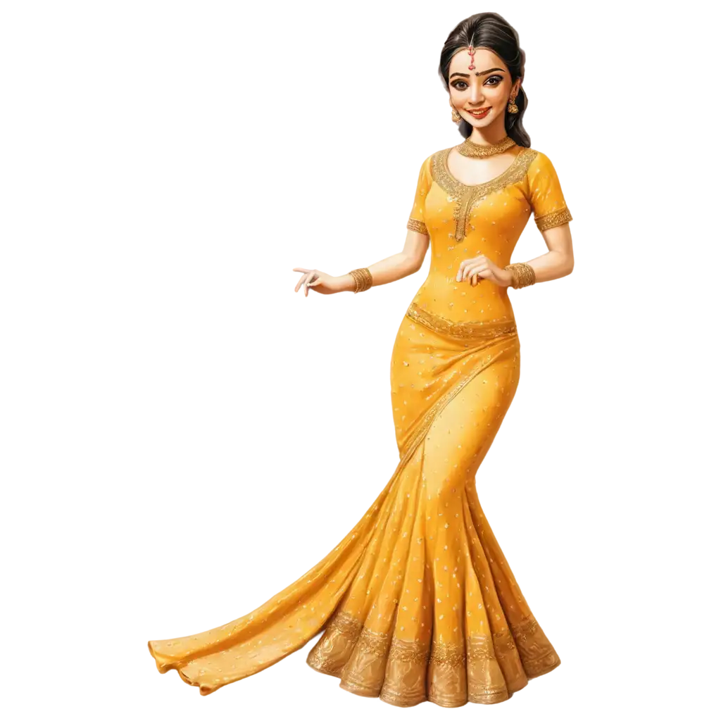 Haldi-Caricature-Bride-Standing-Full-Dress-PNG-Image-Custom-AI-Art-Prompt