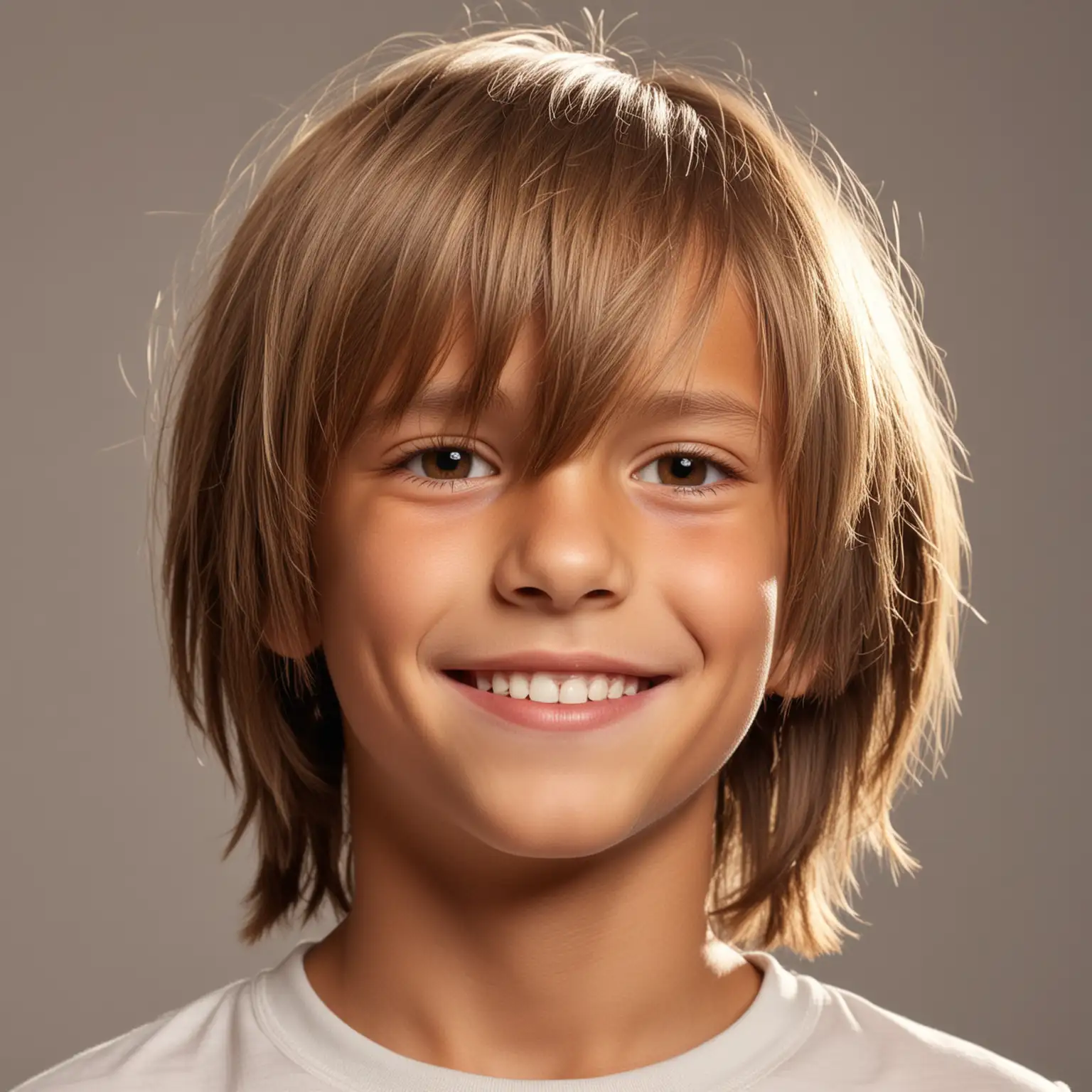 Hyper Realistic Studio Quality Photo of Cheerful Ten Year Old Boy with ShoulderLength Hair