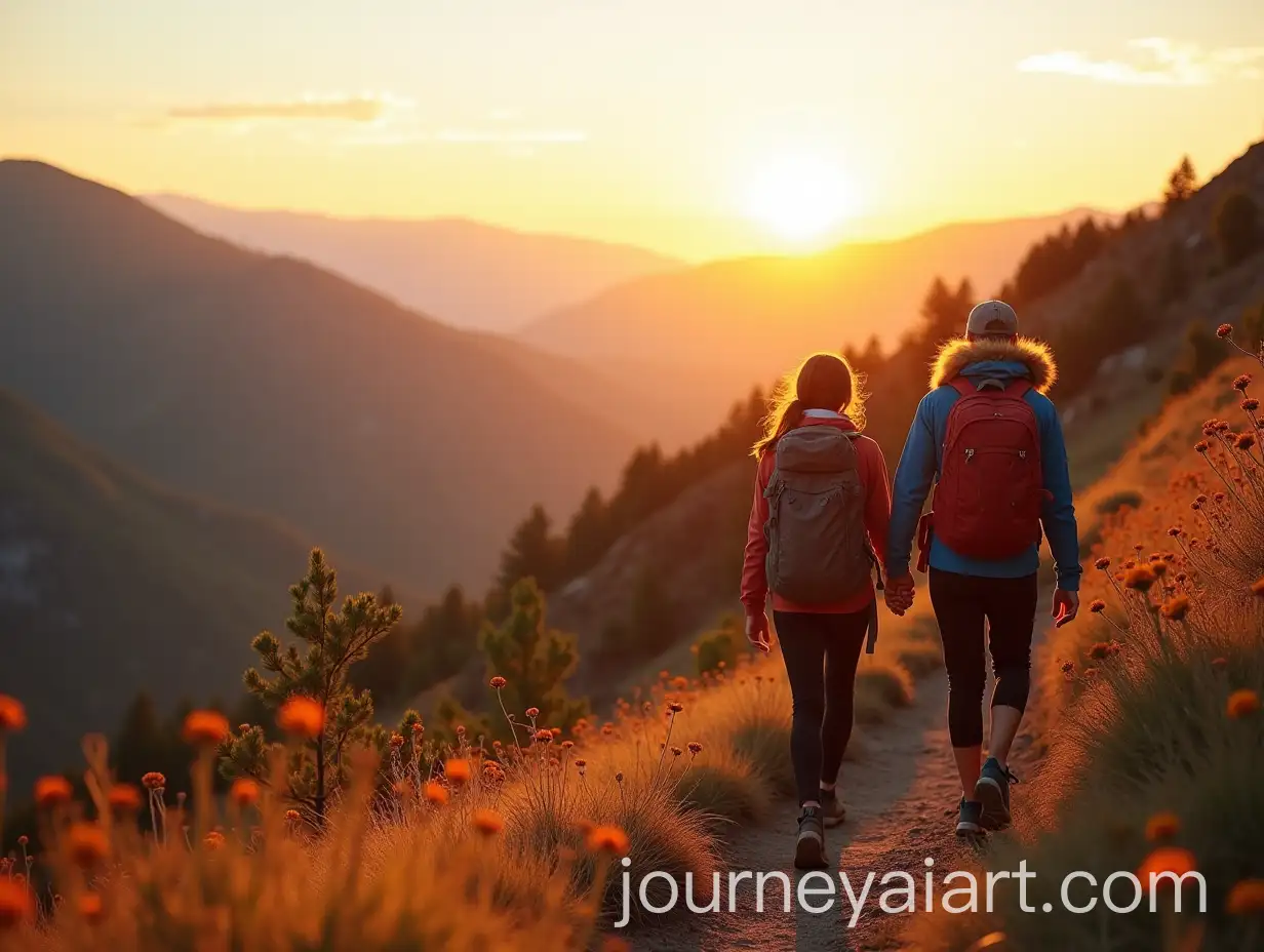 Couple-Hiking-on-Scenic-Mountain-Trail-During-Golden-Hour
