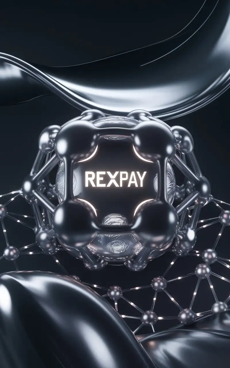 Design a high-tech, futuristic image for a mobile app called Rexpay, emphasizing its central role in a connected network of nodes. The background should feature a smooth, flowing liquid gradient transitioning between deep black, metallic gray (payton gray) and neon white with a clean, balanced look. In the center of the composition, place a large 3D node representing Rexpay, which is connected to other smaller nodes. These interlocking nodes should form an exoskeleton around a round, blob-like sphere that is glossy and metallic with incticate detailed pattern. The sphere inside the main node should have a gradient of deep black and subtle gray, but the interlocking nodes themselves should feature vibrant gradients—deep-bright blue, subtle yet bright purple, and metallic gray with liquid metal textures. The Rexpay name should be written in bold, glowing white color text on the central node, center node should be connected to thousands illuminating with a soft, radiant glow that highlights the importance of the node. The glowing effect should create a subtle halo around the text, adding depth and focus to the central element. Soft studio lighting from the top-right corner should emphasize the high definition and intricate details of the connections. The center node node should be connected in a structured, network-like fashion but should not clutter the scene. Strategically place floating blobs (or disconnected nodes) throughout the background and a few in the foreground, some partially visible, and some offset at the edges of the composition. These blobs should float freely and vary in size, matching the color gradient of the interlocking nodes but not connected to any specific point. Ensure the lighting interacts with the blobs and nodes for depth and subtle reflections. The overall feel should be modern, tech-inspired, with crisp, polished  intricate details while maintaining a sleek, minimalist aesthetic."