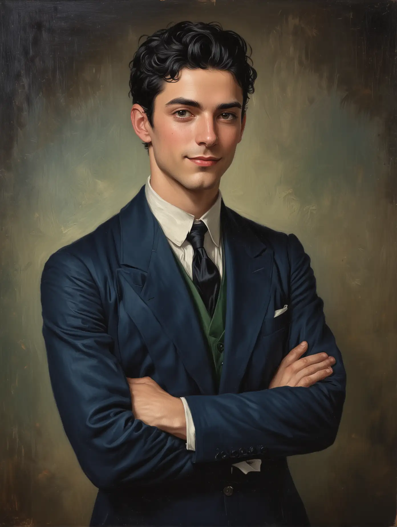 Handsome Young Man in 1910s Dark Blue Suit with Crossed Arms