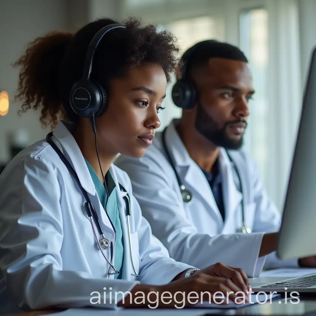 African male doctor with African female doctor, with headphones, watching a lecture on the computer