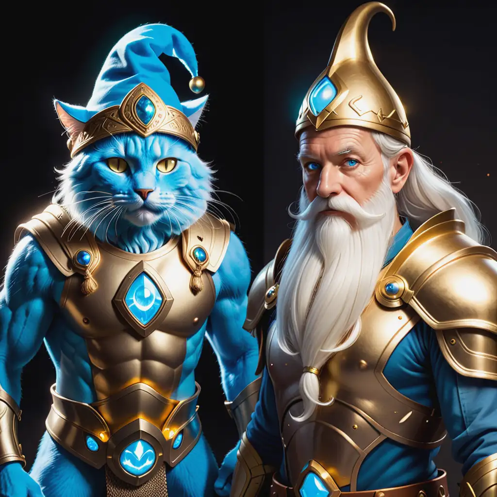 Mystical-Old-Man-in-Gold-Armor-with-Glowing-Eyes-and-Blue-Cat-in-Smurf-Hat