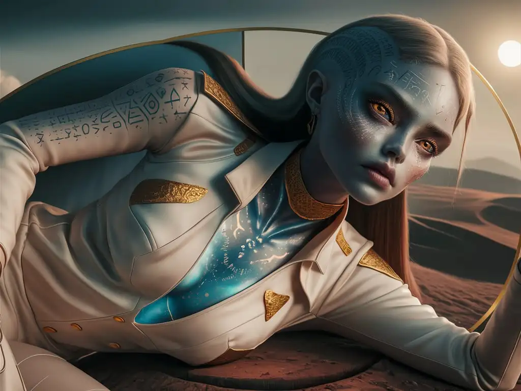 Closeup-Portrait-of-an-Alien-Girl-with-Tattooed-Runes-in-White-and-Gold-Satin-Suit