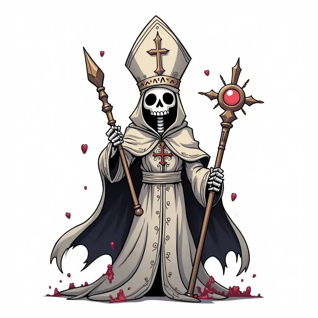 Chibi-Style-Skeletal-Catholic-Bishop-with-Holy-Sceptre-and-Flesh-Popes-Robes