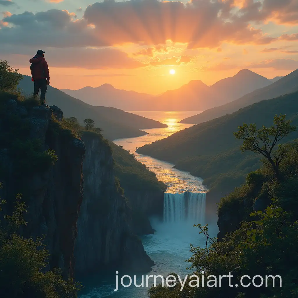 Traveler-Admiring-Sunset-Over-Hills-and-Waterfall