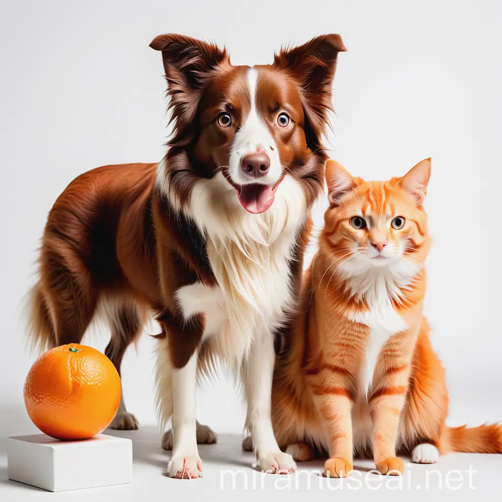 Border Collie Dog and OrangeToned Cat Posing on White Background