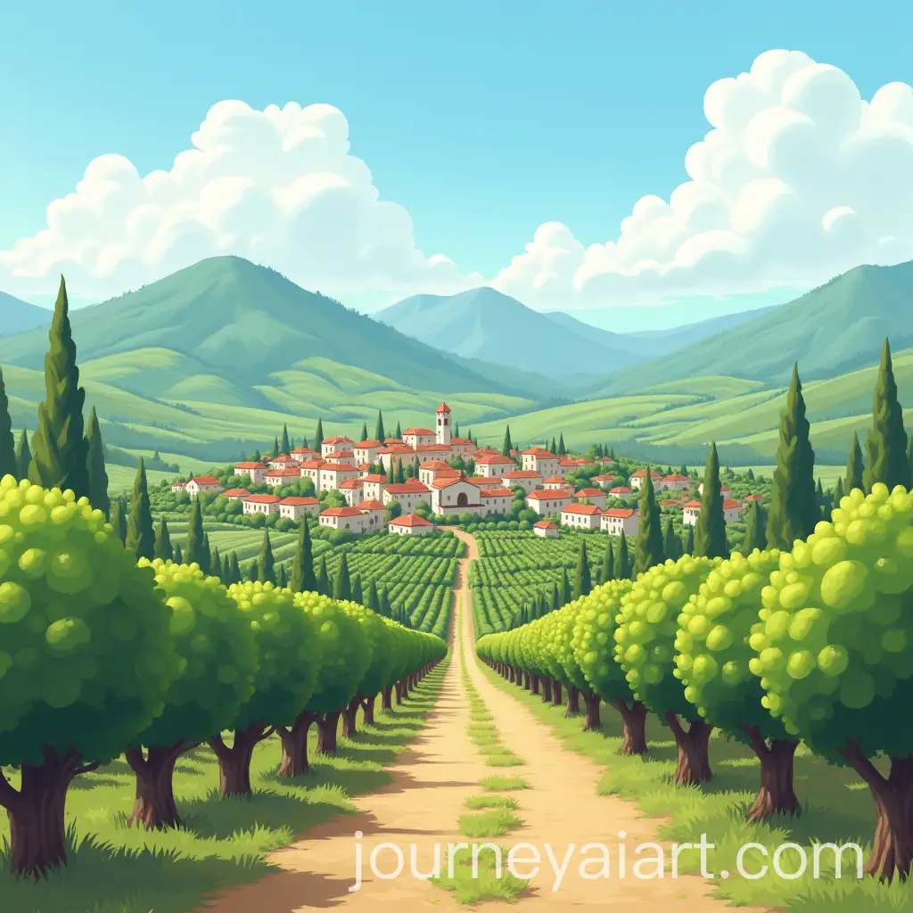 Cartoon-Characters-Exploring-Olive-Groves-in-a-Mountain-Village