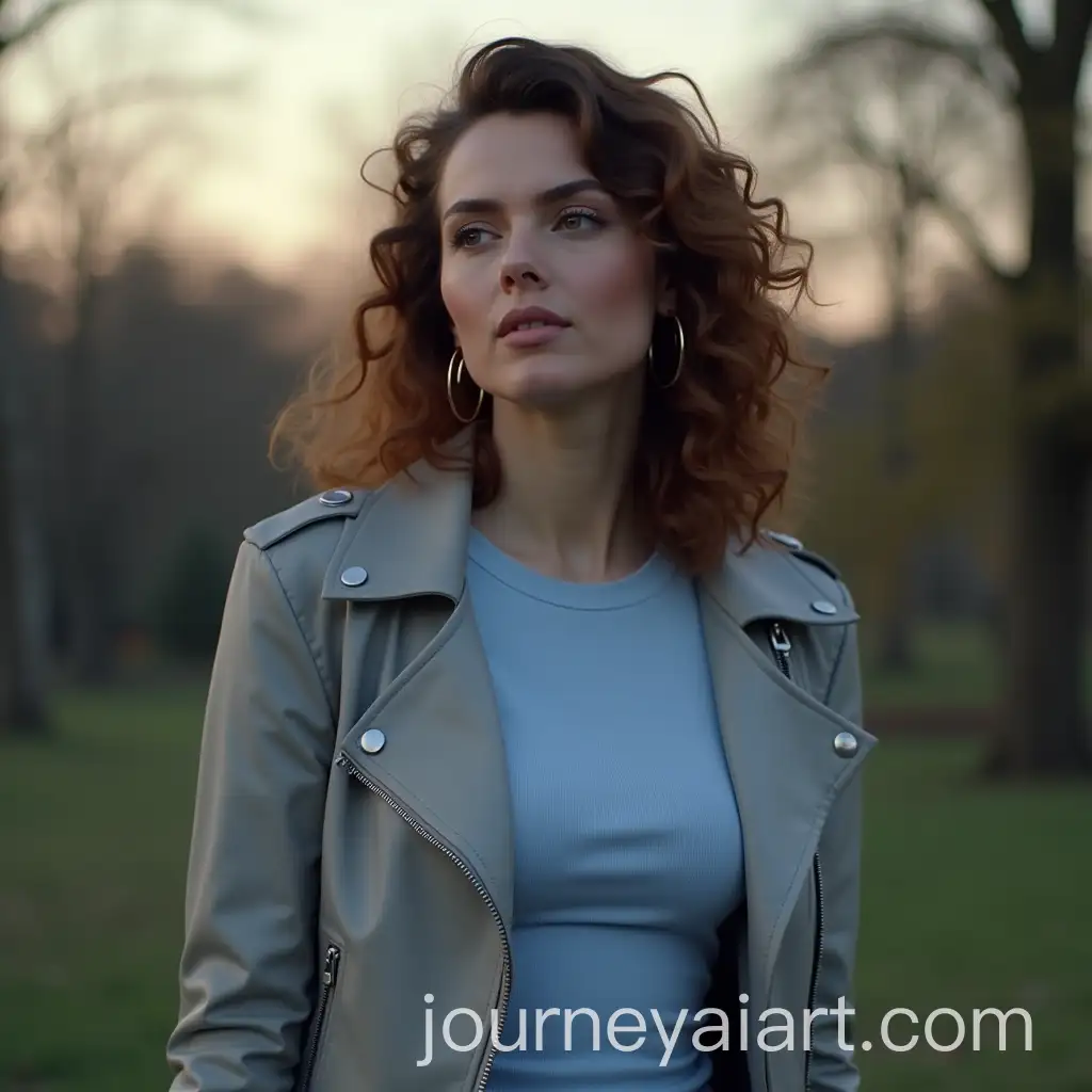 Stylish-Woman-Strolling-Through-Park-at-Dusk