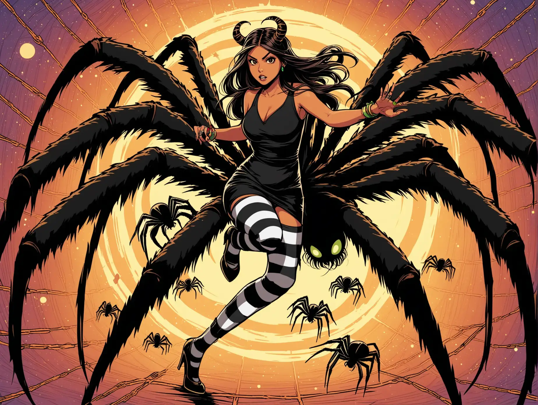 Stylish-Latina-Witch-Battling-Giant-Spider-with-Chakrams-in-Forest