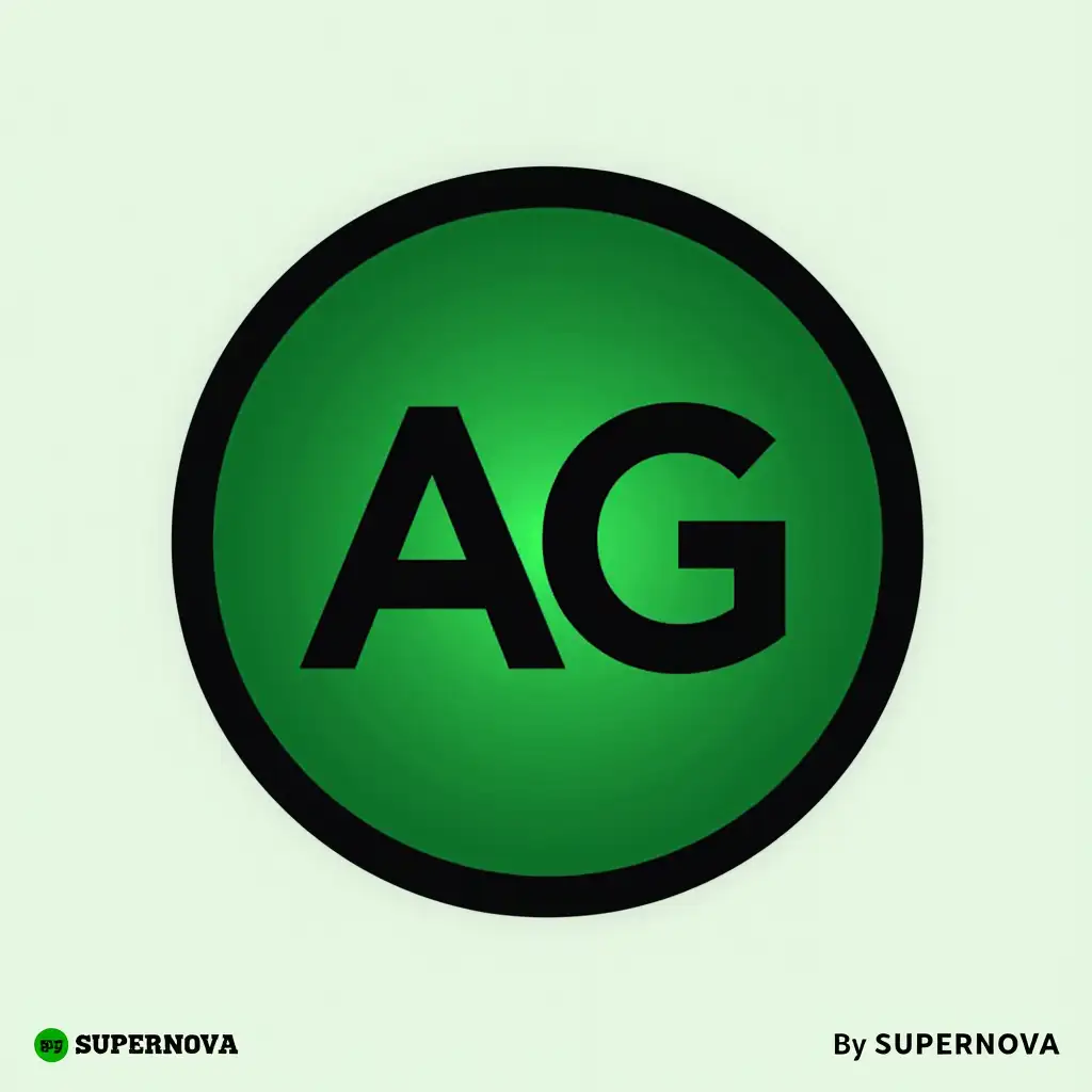 Generate a logo for the size of a Telegram avatar. The logo should be round. The letters AG should be in the center of the logo. Make the logo black and green. Add 'By SUPERNOVA' at the bottom of the logo