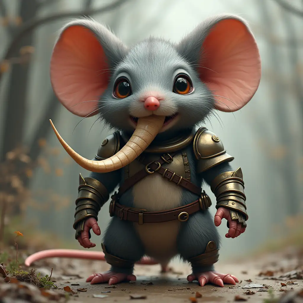 A mix of mouse with elephant trunk and armor long tusks