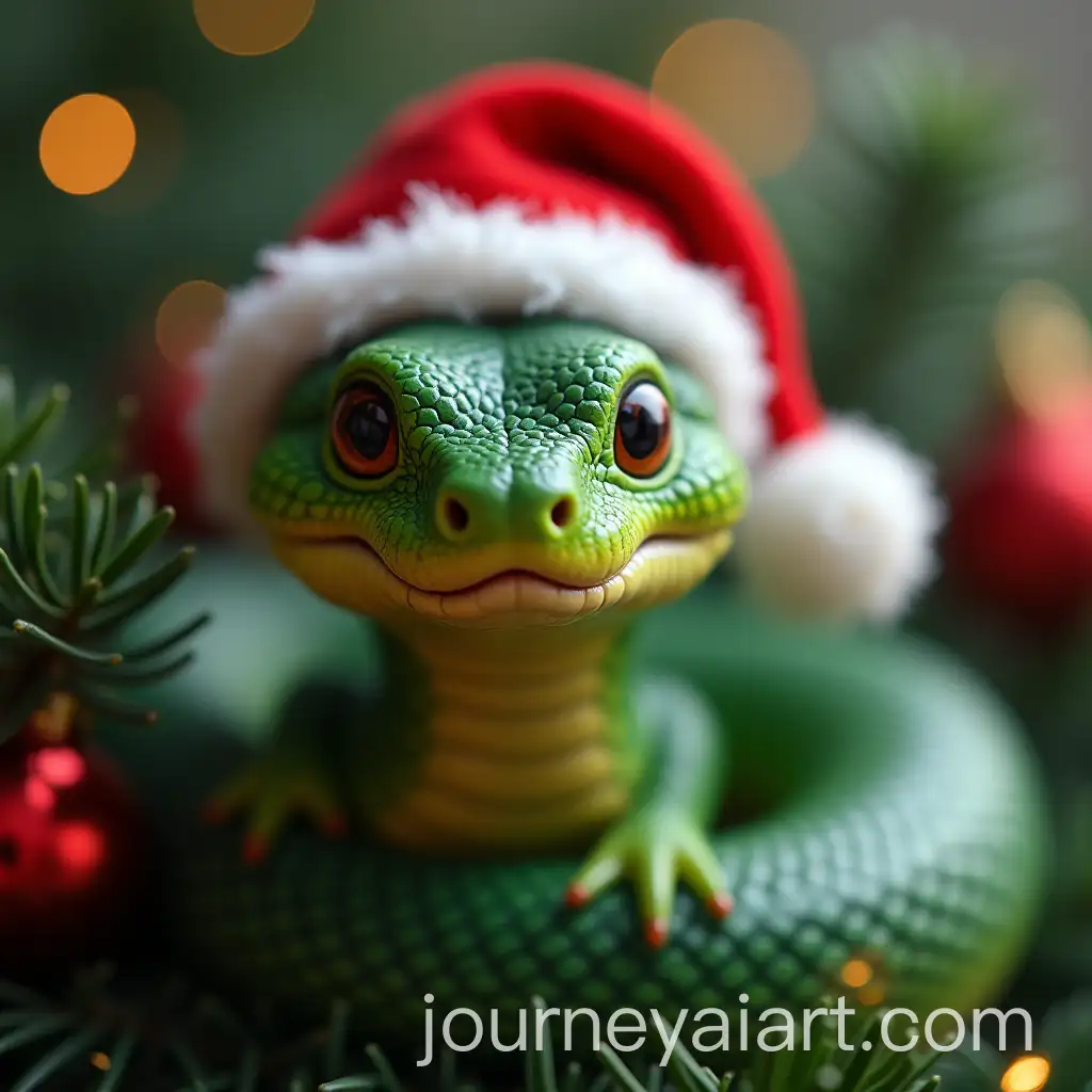 Closeup-of-a-Cute-Greenish-Snake-in-Santa-Hat-with-Christmas-Decorations