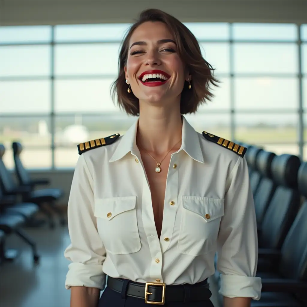 sweden lady , in white deep-necked pilot button shirt, decolte, laughing with her mouth open, red lipstick accentuating her smile,belt on waist, big wide hips, chest are fully grown, jewerly, short hair, HD, airport, photo-realism