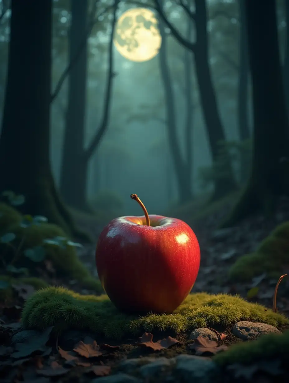 A realistic golden-red apple with a glossy surface, sitting in the foreground of a dark enchanted forest. The dense foliage and towering trees create an eerie yet magical atmosphere. Soft moonlight filters through the trees, illuminating moss-covered rocks and fallen leaves on the forest floor. Subtle shadows enhance the mystical vibe.