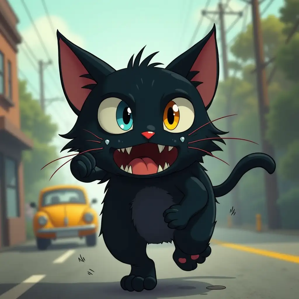 Big black cat, one eye blue, other yellow, scars and piercings on the face, runs away in fear from a car on the road, animation style