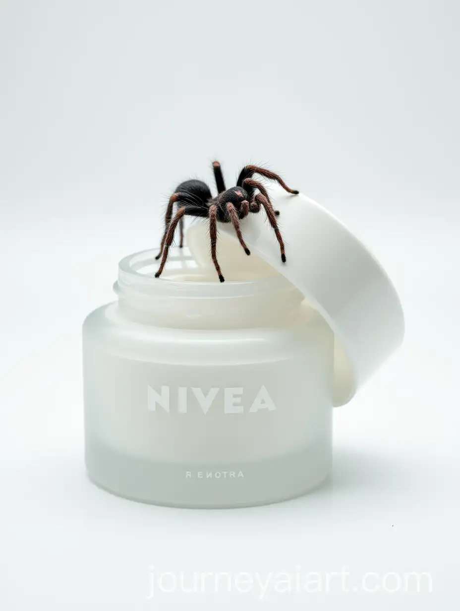 Tarantula-Crawling-on-NIVEA-Cream-Jar-with-Frosted-White-Surface