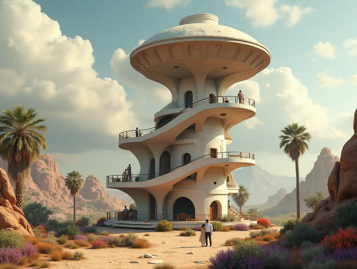 Create a high-resolution, realistic panorama image of a spiral staircase shaped building tower with UFO house with bridge, one and one with people, many plants and colorful flowers White and brown facades in the desert oasis, big trees, very cloudy sky