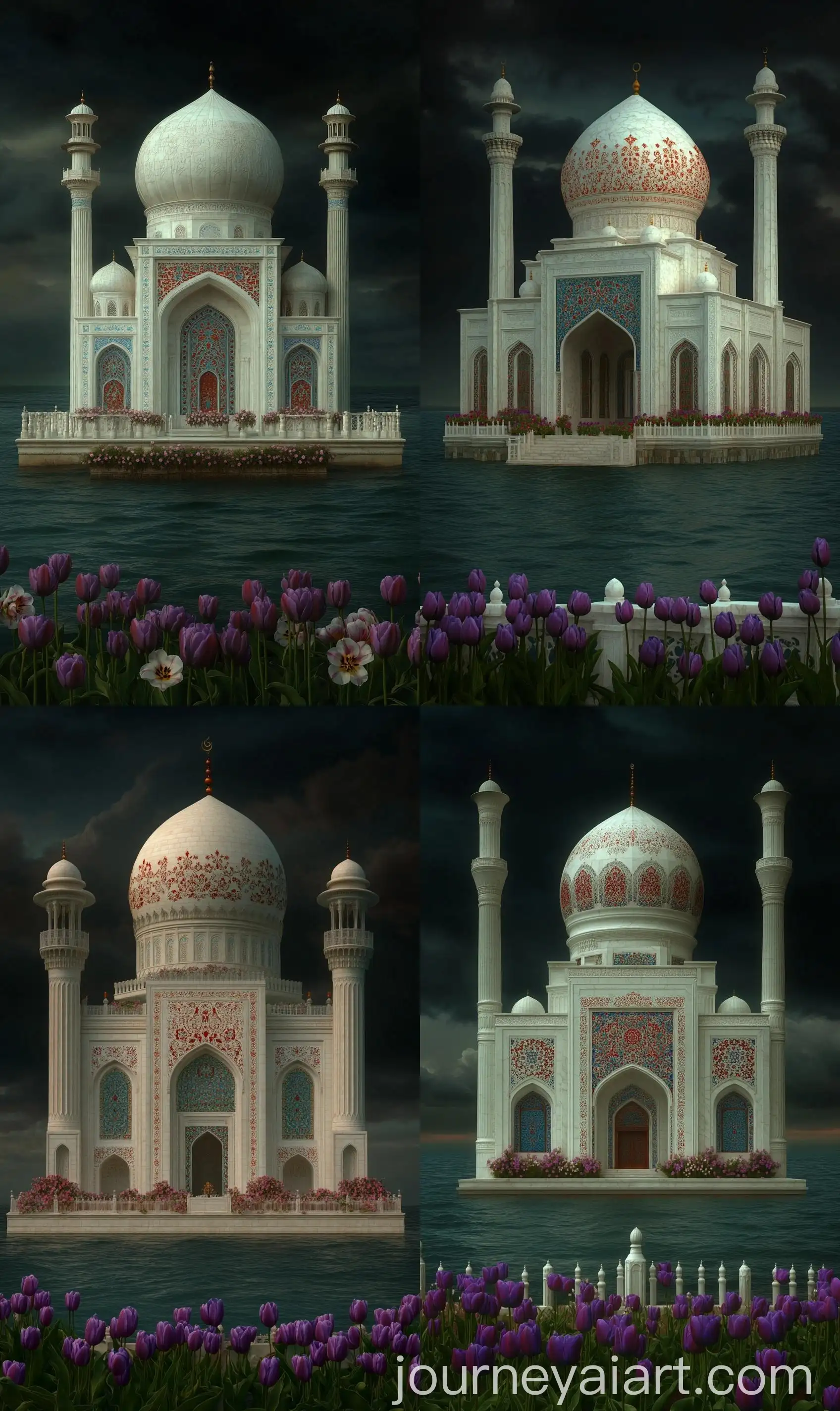 Front-View-of-White-Mughal-Style-Pietra-Dura-Mosque-Overlooking-Endless-Ocean