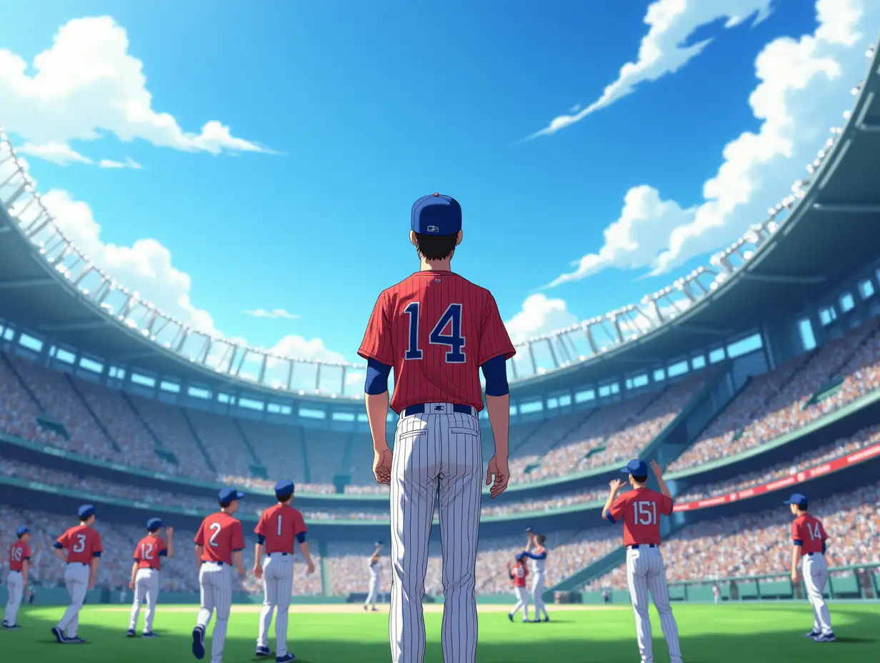 At a huge magnificent international baseball stadium, the audience seats are full, the atmosphere is lively and exciting, in the center of the stadium is a player wearing a red-white striped baseball uniform, white baseball pants, and a blue baseball cap, the team members are happily celebrating victory, character is anime style