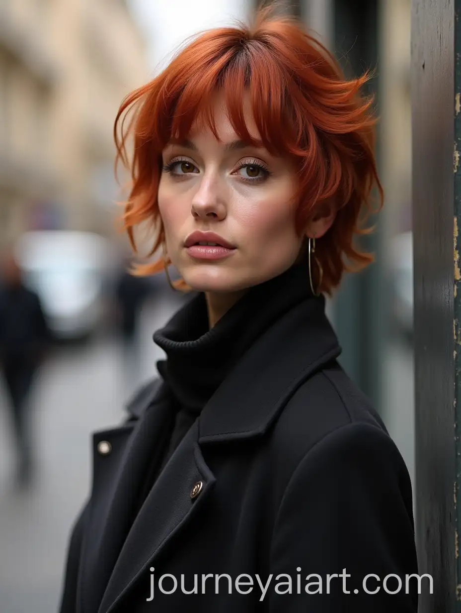 Stylish-French-Model-with-Red-Hair-in-Fashion-Photo-on-Street