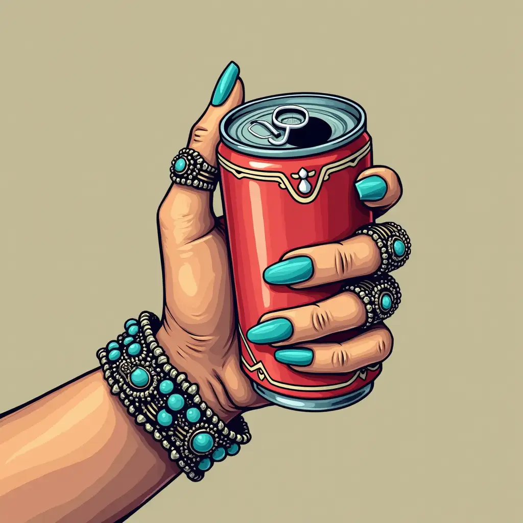 womans hand holding an opened can drink, long blue nails, western turquoise rings, turquoise bracelets, western, clipart