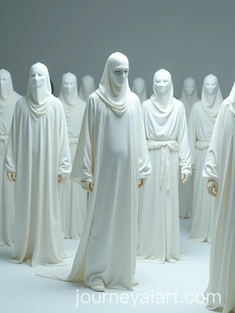 Otherworldly-Men-Draped-in-Translucent-Shimmering-Fabric-in-Line-Formation