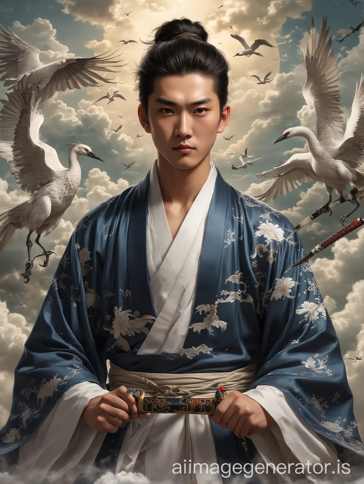 Lü Dongbin, handsome, elegant, male youth, frontal view, chest, Taoist elements, auspicious clouds with soaring cranes, bearing a sword, background with flying dragon, realistic rendering