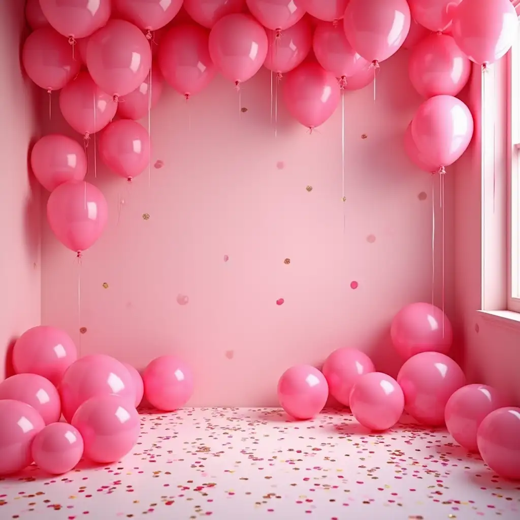 room full of pink balloons and confetti on the ground