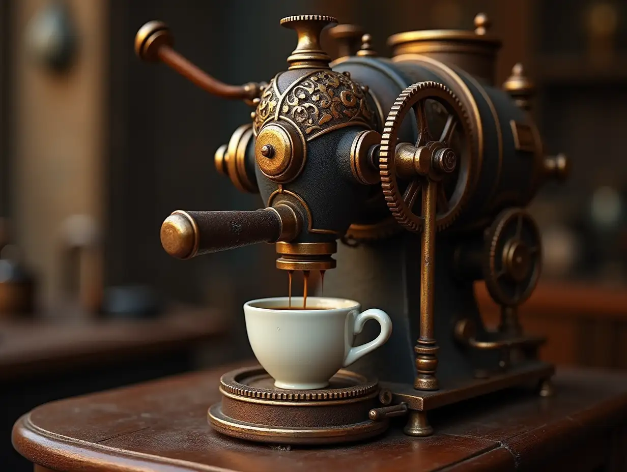 Strange coffee machines with many gears are currently making coffee in the Steampunk cup