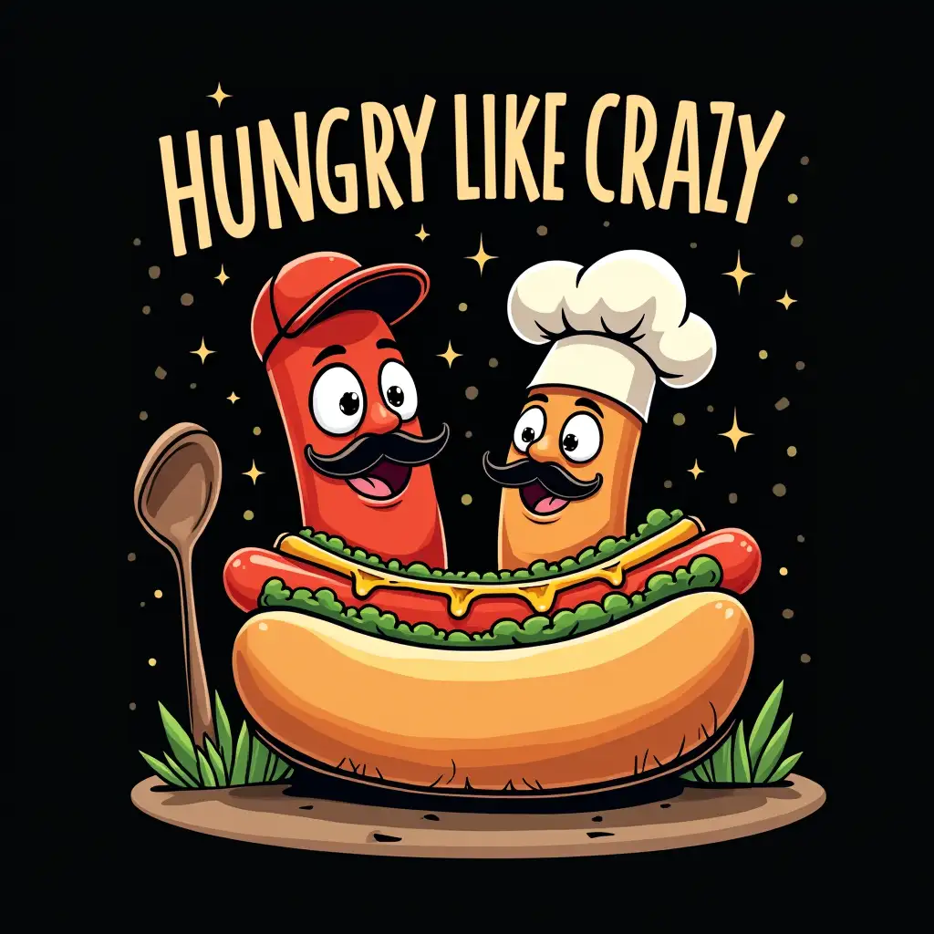 illustration suitable for screen printed T-Shirt design, concept art with mixed vegan anthropomorphic hot dog with eyes and mouth and big mustache till ground and grass joint wearing a cap and near is fat cheff crazy smiling to him, there is a written word upper:  HUNGRY LIKE CRAZY! star skies, CGI art highly detailed, vector Flat design, clean bold, sharp crisp outlines, isolated in black background