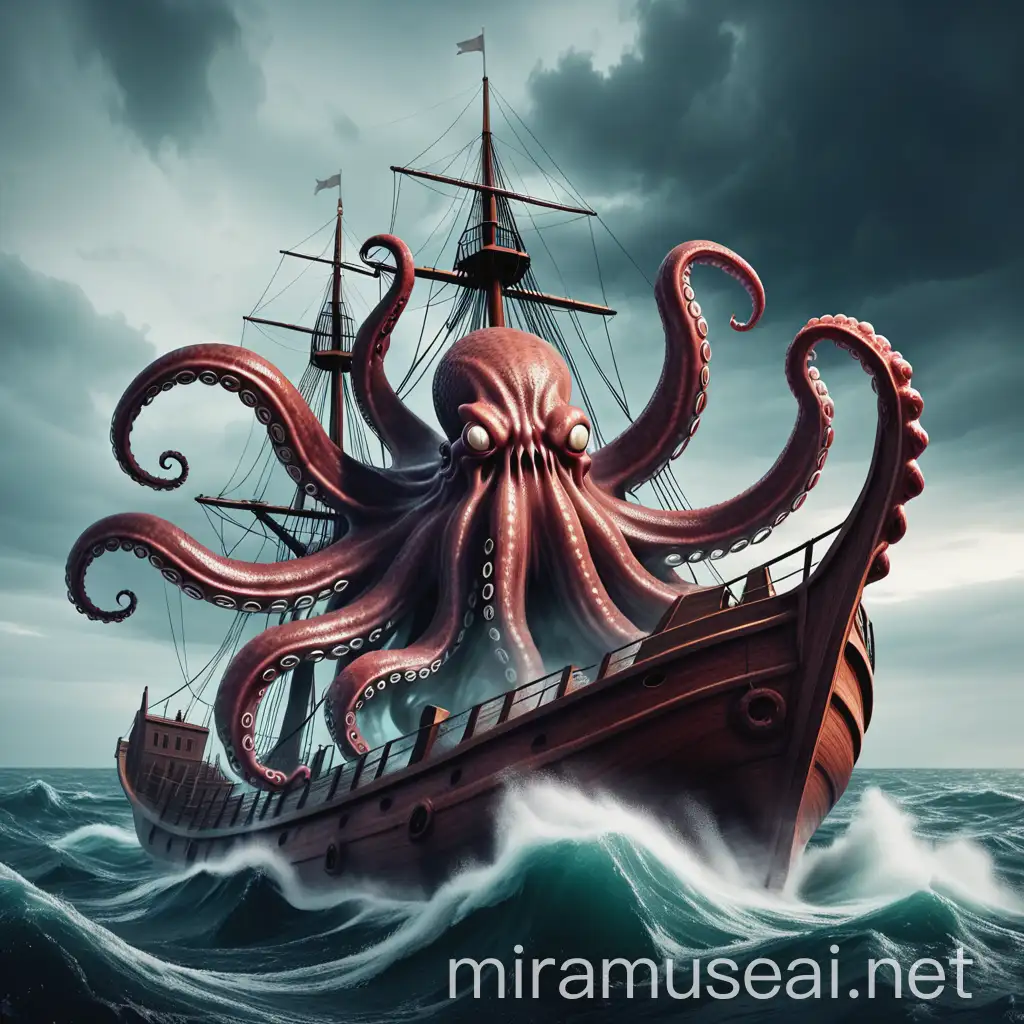 Angry Kraken Destroying Ship in Agitated Sea