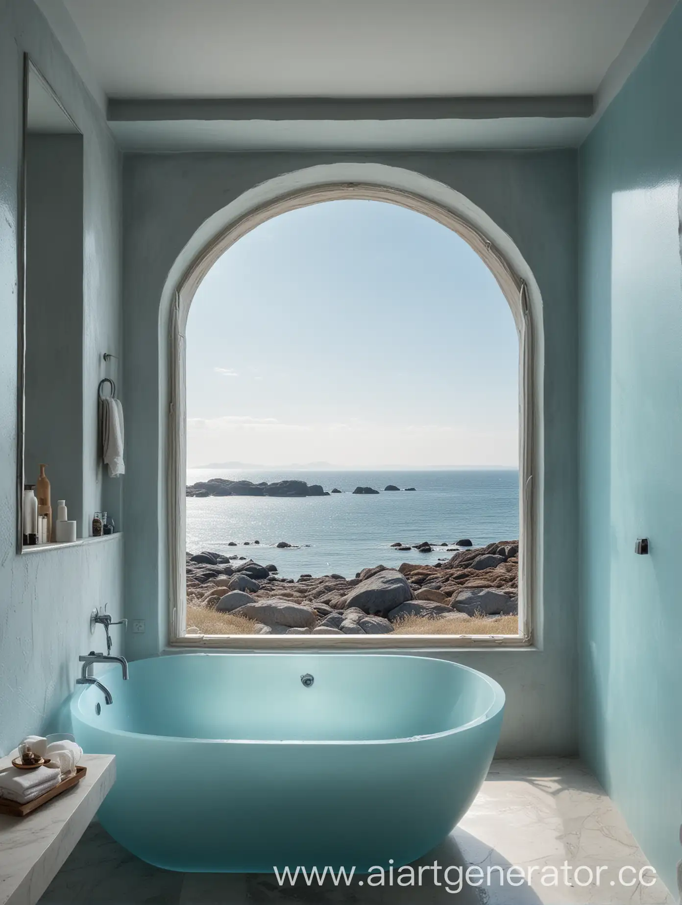 Interior design bathroom, panoramic window, view from the window sea, frosted blue glass bathtub, minimalistic design, sconce