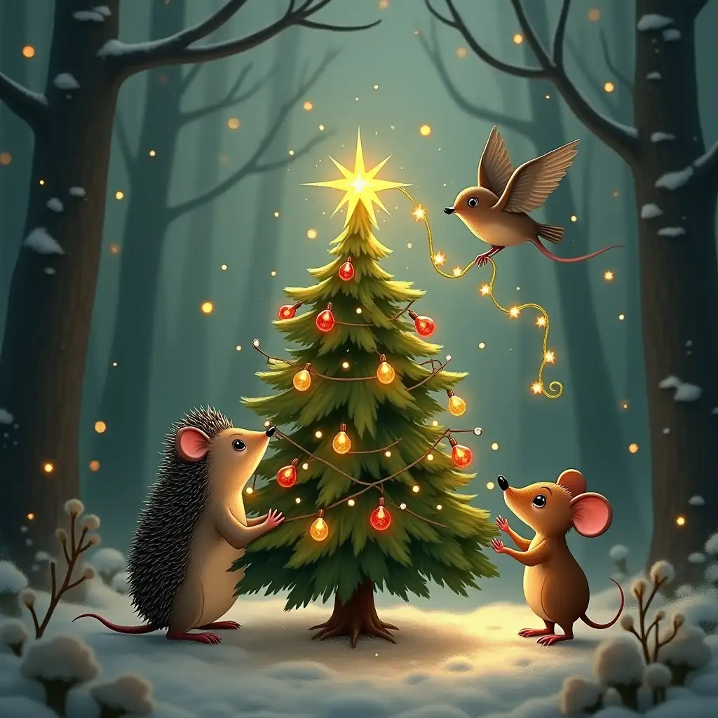 Hedgehog-and-Mouse-Decorating-a-Christmas-Tree-in-a-Magical-Forest