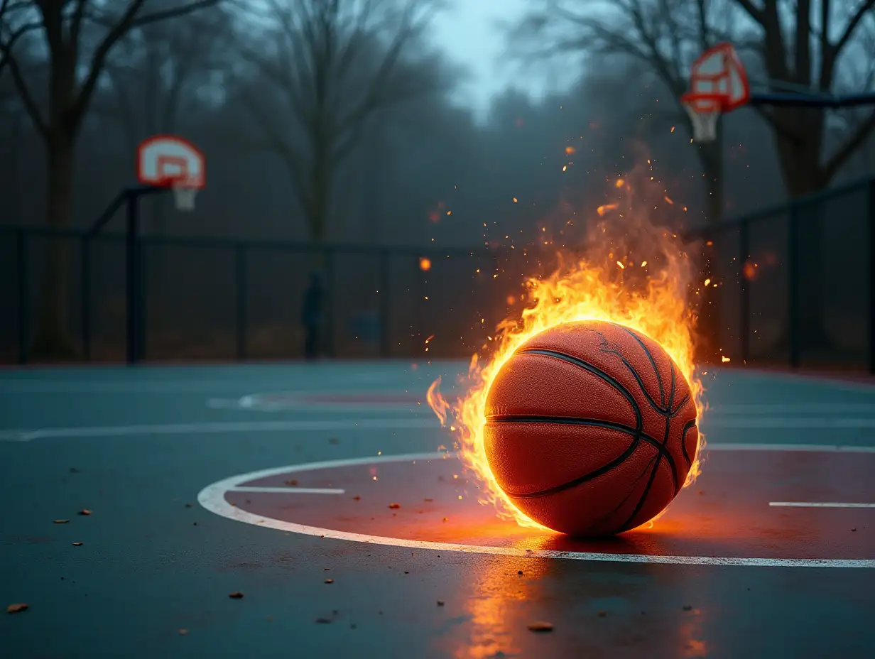 An cool basketball court, with a basketball that spits fire