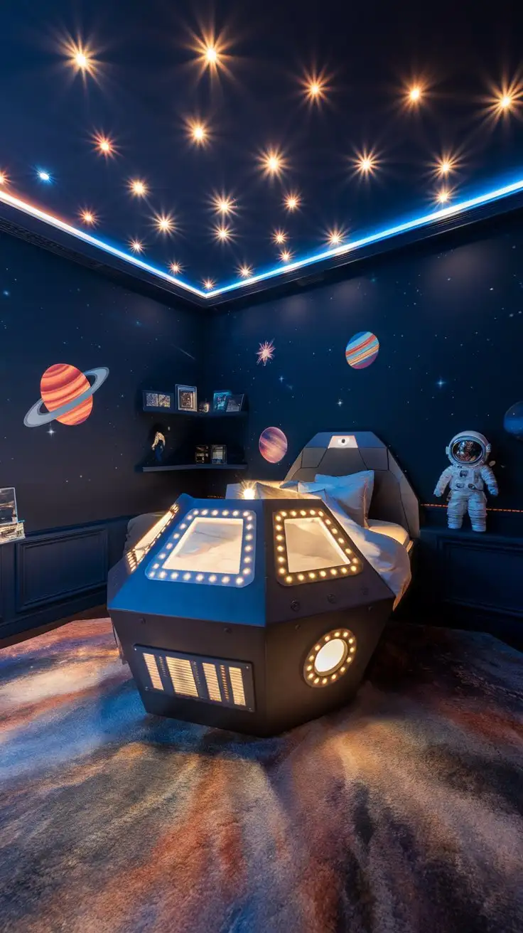 Wide shot, realistic interior of a kids' bedroom, outer space theme. Dark blue walls resembling night sky, twinkling LED star lights on ceiling.  A spaceship-shaped bed with glowing window details. Rocket and planet decals on walls. Soft rug resembling a nebula. Child astronaut figure on a shelf.  Warm, inviting lighting