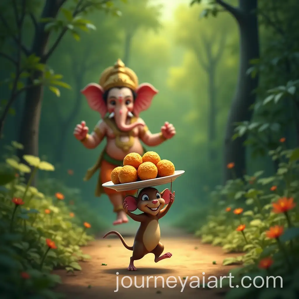 Lord-Ganesha-Chasing-Mouse-with-Modaks-in-Lush-Forest-Setting