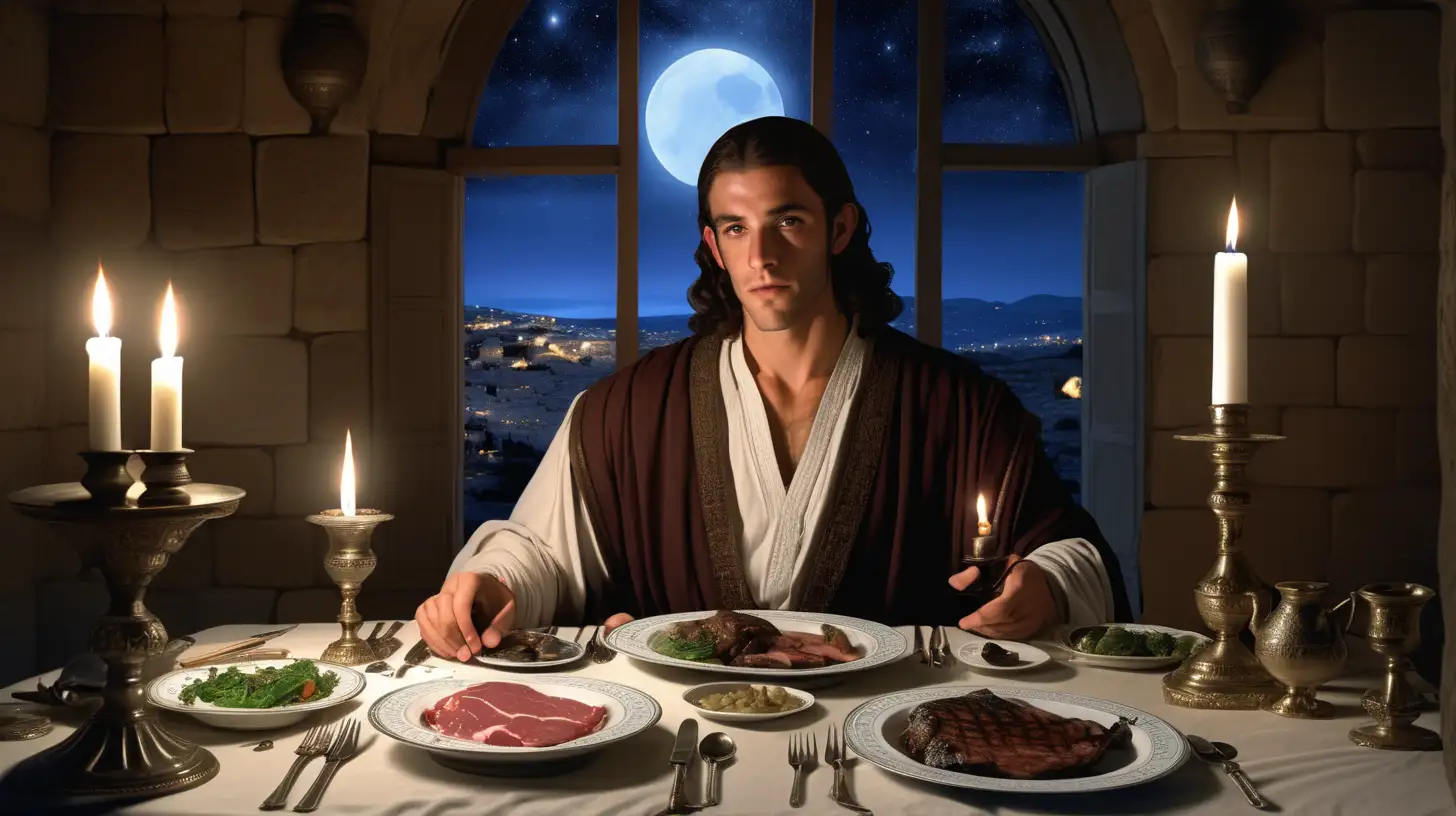 Handsome Hebrew Man Dining Under the Moonlight in a Biblical Era