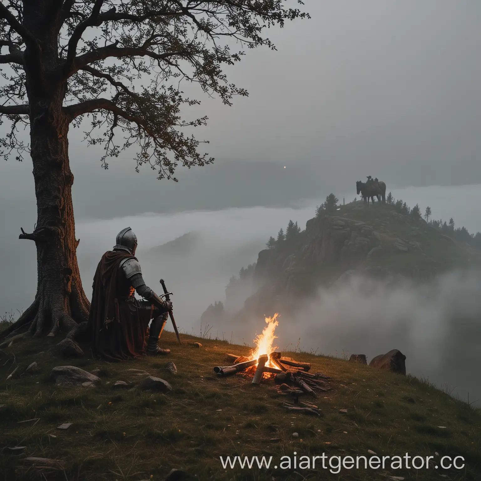 Knight-Resting-by-Tree-on-Hill-with-Sword-and-Campfire-in-Nature