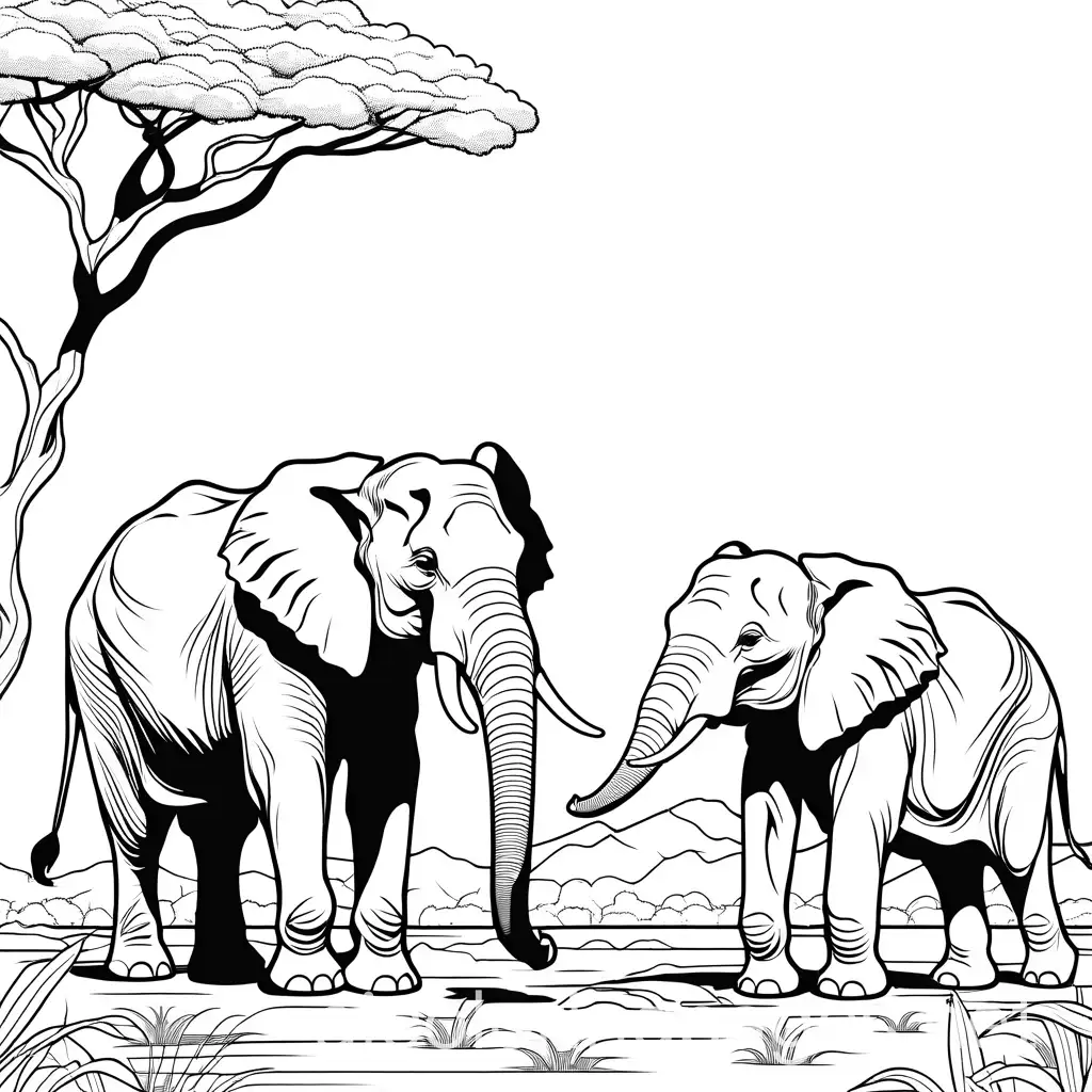 Elephants-Feeding-on-Tree-in-Savannah-Coloring-Page