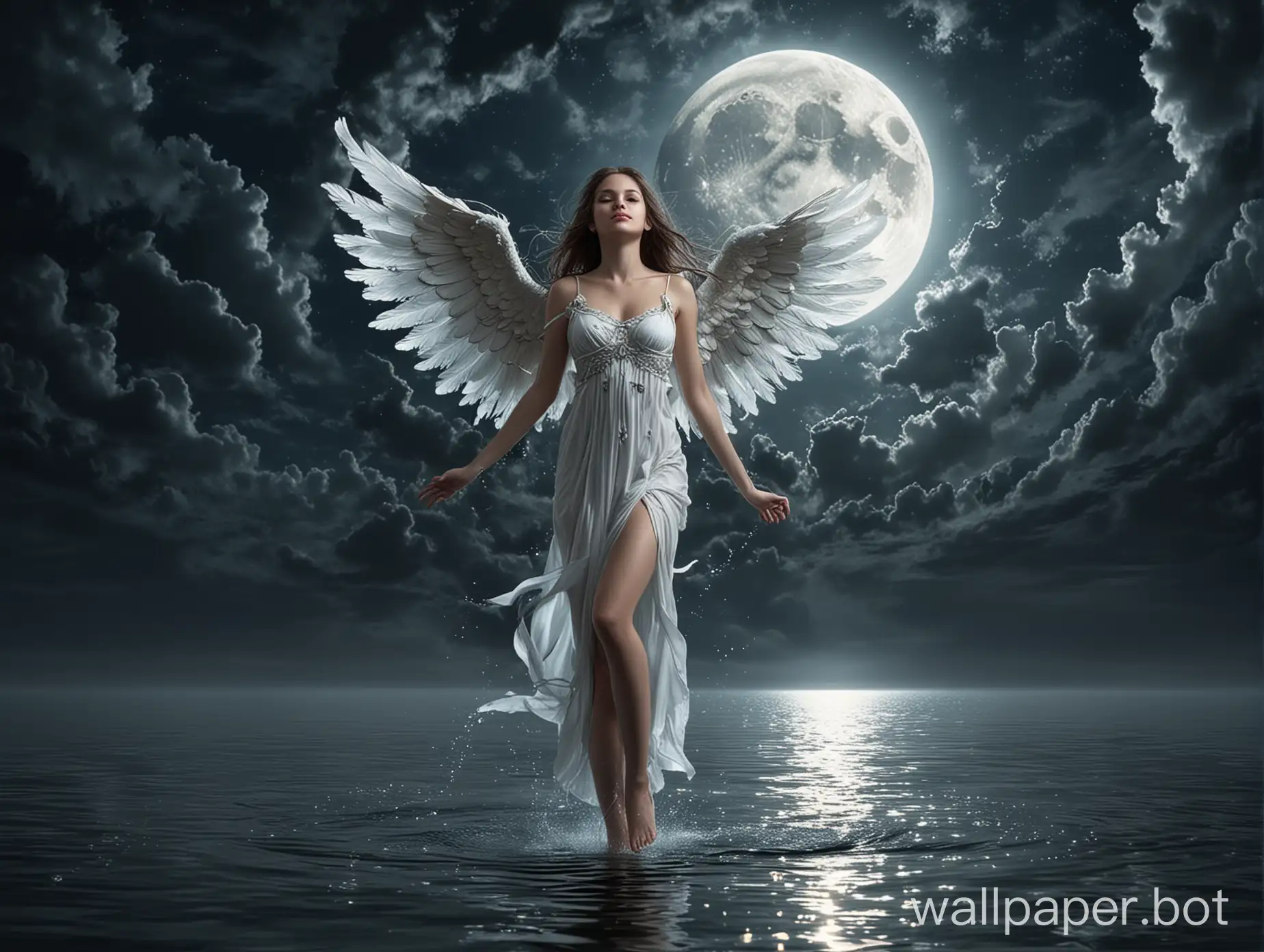 beautiful angel in the sky, moon, water, dark