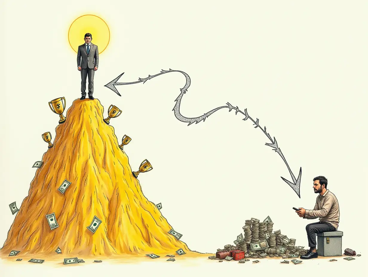 Drawings containnUpper half:nRich people and successful people: A picture of a wealthy person standing on a golden mountain on the left side, surrounded by money, trophies and resources, symbolizing their success and advantage.nHalo effect: The rich man has a halo above his head, indicating his fame and influence.nLower half:nPoor and failed people: A picture of a poor person sitting on the ground on the right side, surrounded by old items and empty wallets, symbolizing their difficulties.nShadow effect: There is a shadow next to the poor man, indicating that he is marginalized by society.nMiddle part:nResource flow: Use arrows to connect the upper half and lower half, with arrows pointing from the rich to the poor, indicating that resources, opportunities and wealth are constantly flowing towards the successful, while the weak lose what they have.