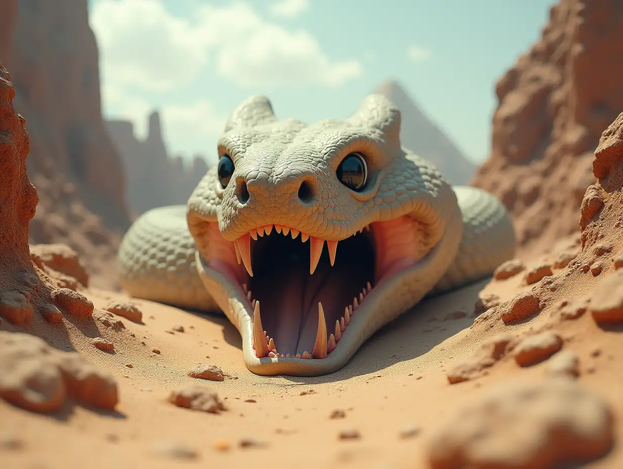 Create an image of a giant snake with a cat's face with open mouth and long teeth between mountains with sand and detail of parts and lighting.