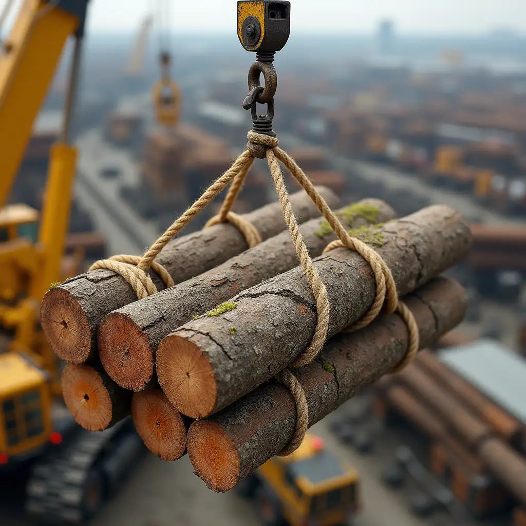 scene description: a busy construction site panoramic view from a vertical downward perspective, the camera points vertically downward from high altitude, presenting the entire construction area. The center of the picture shows a yellow crane with a metal hook suspended in midair, and a bundle of thick rough-brown wooden logs (about 3-4) tied with coarse rope beneath it, with clear wood grain and moss traces on the wood surface. ...