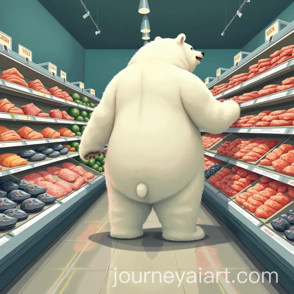 Giant-White-Bear-Shopping-for-Fresh-Fish-and-Meat-in-Supermarket-Aisle