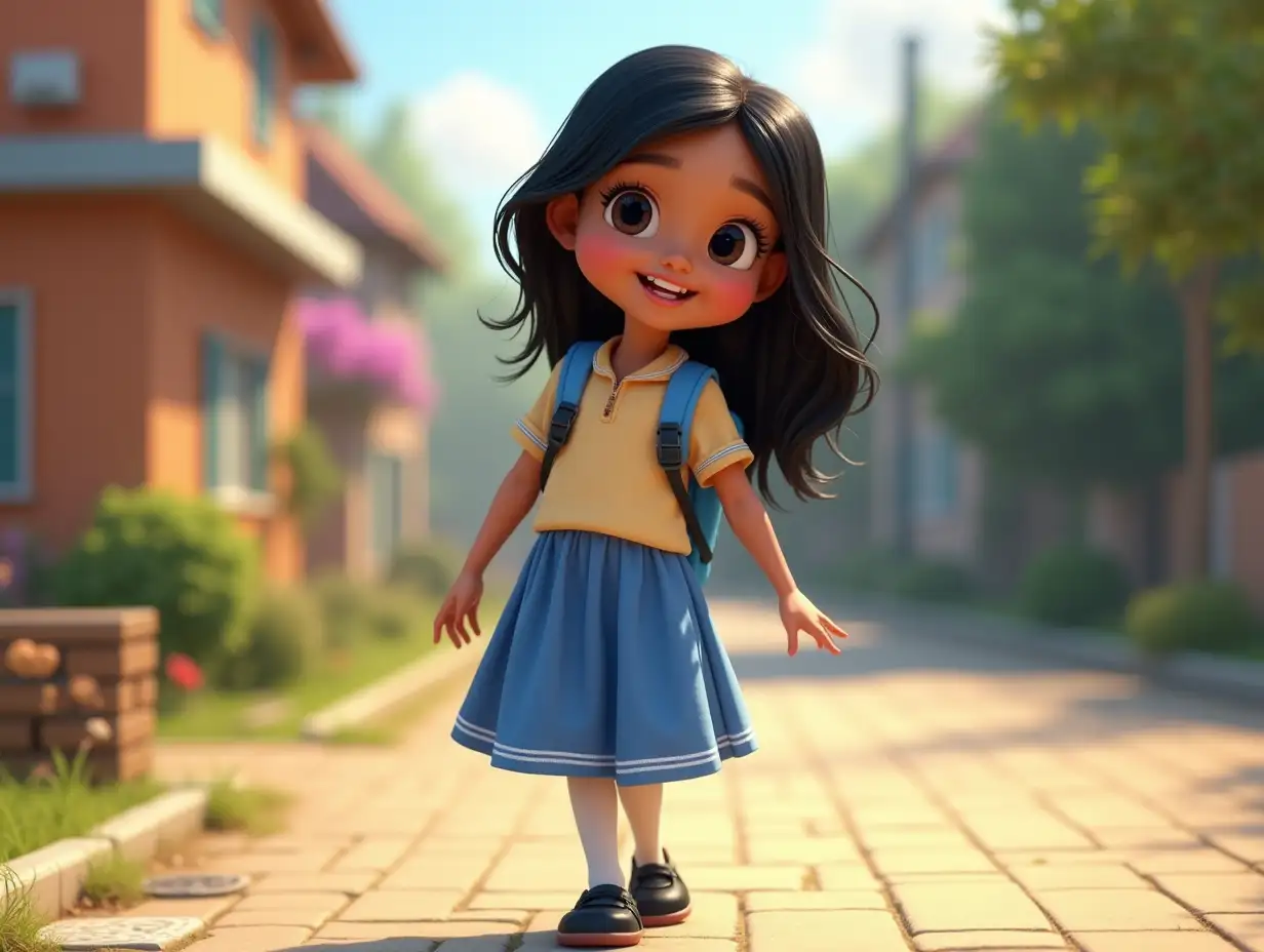 Meet Little Nirva, 11 years old girl, black silky hair, wearing blue and light blue full school skirt, white trouser, black shoes, an excited and curious girl, ready for her first big adventure—her very first day at school! Let’s join her on this magical journey!, style: whimsical 3D Pixar style