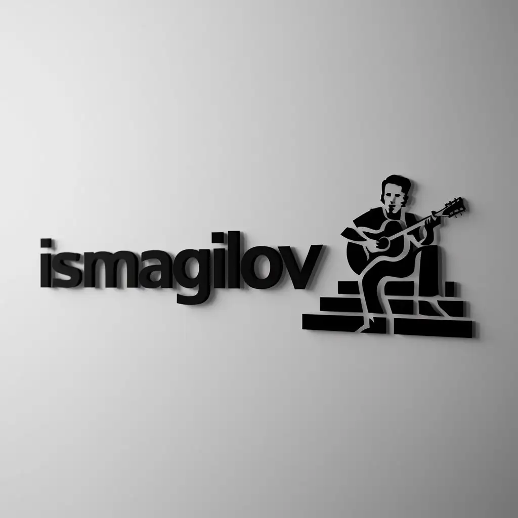 a logo design,with the text "Ismagilov", main symbol:A man with a guitar sits on the stairs,Moderate,be used in Entertainment industry,clear background