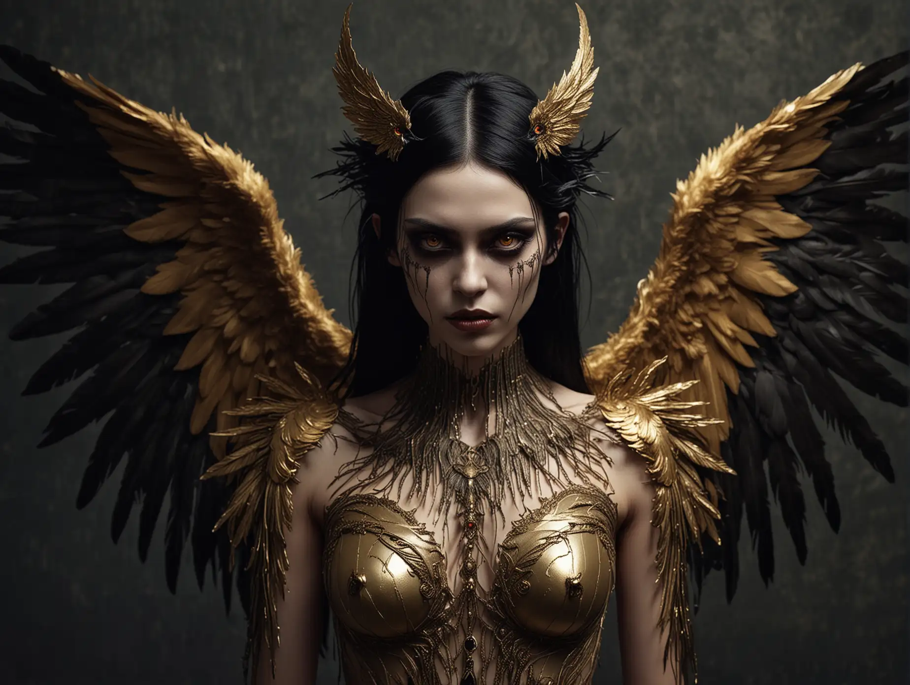 photography of tall slender female demon with black hair, dead eyes, golden feathered wings, realistic